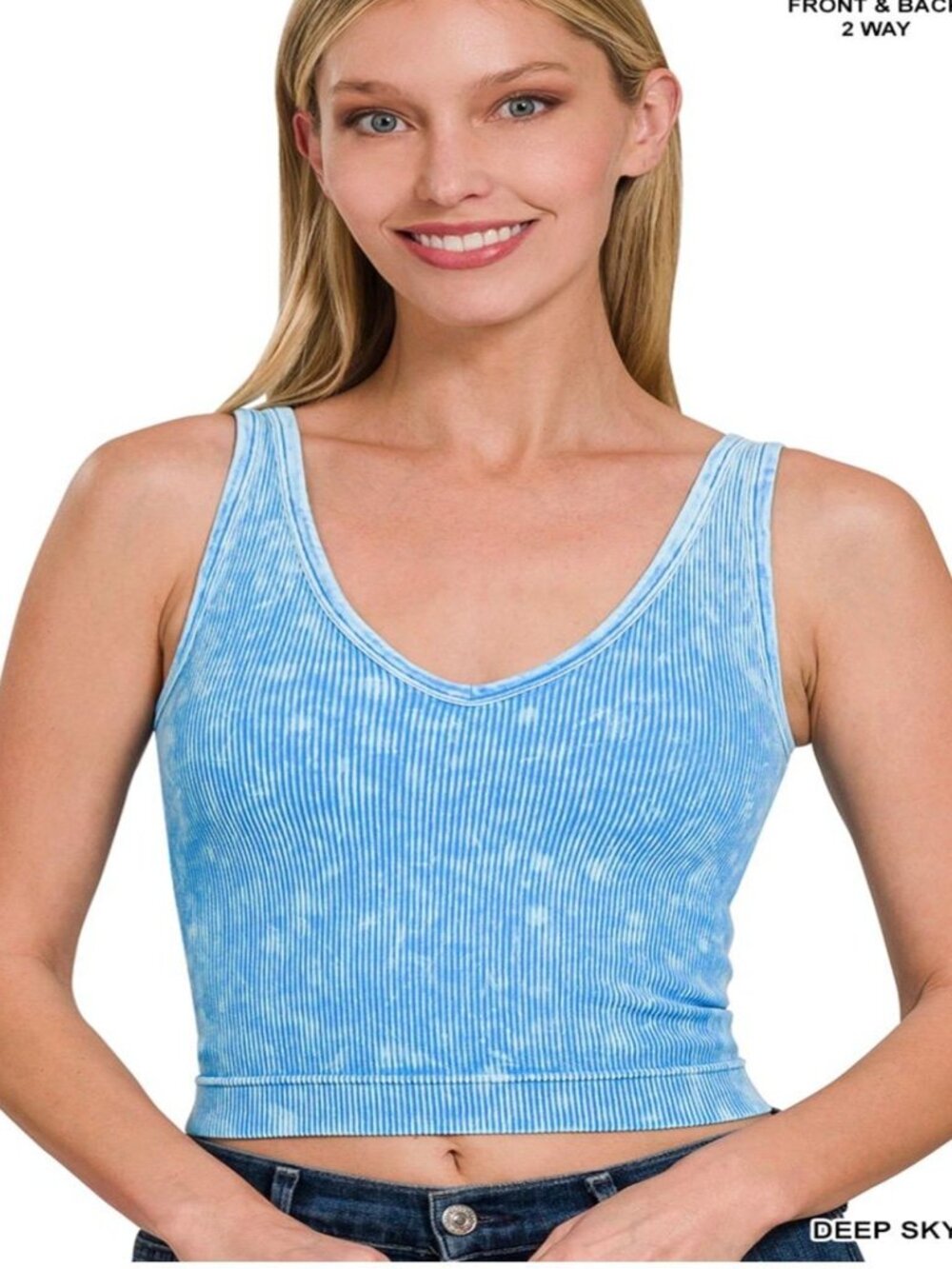 Womens 2-way neckline washed ribbed seamless tank sports bra Deep Sky S/M & L/XL